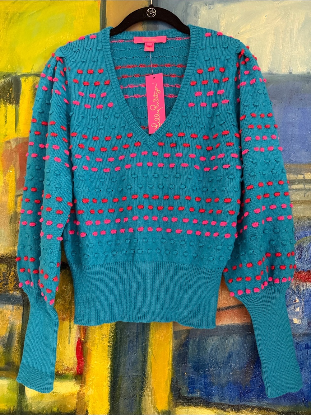 Lilly Pulitzer Robena Sweater in the "Teal Bay Striped Baubles” color-way- small